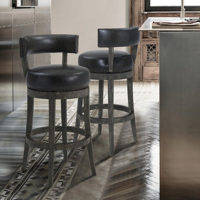 31" Onyx and Gray Faux Leather and Solid Wood Low Back Bar Height Swivel Bar Chair