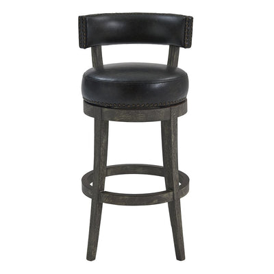 31" Onyx and Gray Faux Leather and Solid Wood Low Back Bar Height Swivel Bar Chair