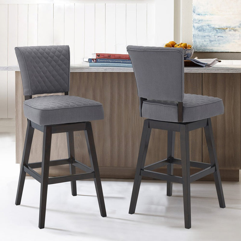 26" Gray and Espresso Fabric and Solid Wood Counter Height Swivel Bar Chair