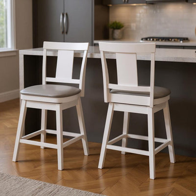 Set of Two 23 " Gray And White Faux Leather And Solid Wood Swivel Counter Height Bar Chairs