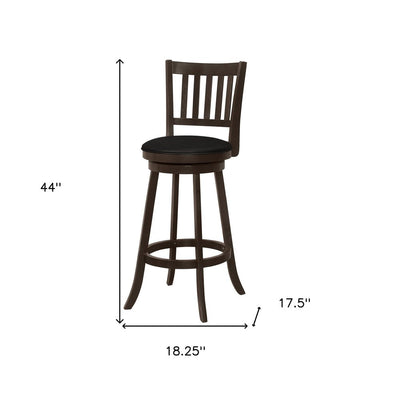 Set of Two 29" Black and Espresso Faux Leather and Solid Wood Bar Height Swivel Bar Chairs