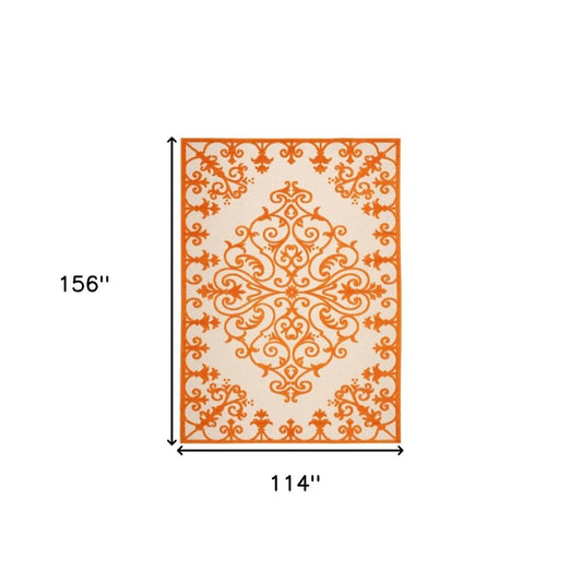 10' X 13' Orange And Ivory Indoor Outdoor Area Rug