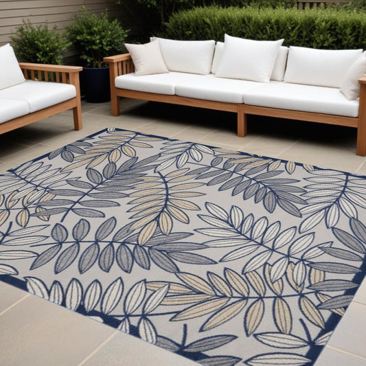 10' X 13' Ivory And Blue Indoor Outdoor Area Rug