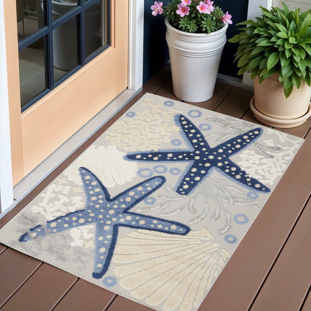 3' X 4' Blue And Gray Indoor Outdoor Area Rug