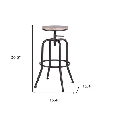 Set of Two Natural And Black Solid Wood And Steel Swivel Backless Counter Height Bar Chairs