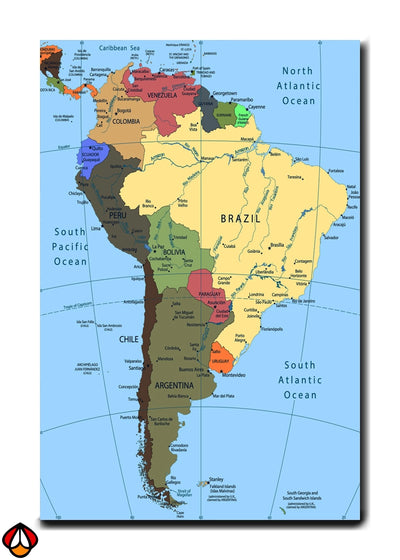 South America Political Map - Educational Wall Art