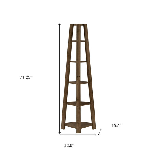 71" Dark Brown Wood Five Tier Corner Bookcase