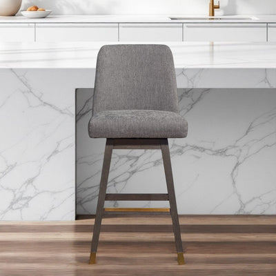 30" Gray and Brown Fabric and Solid Wood Swivel Bar Chair