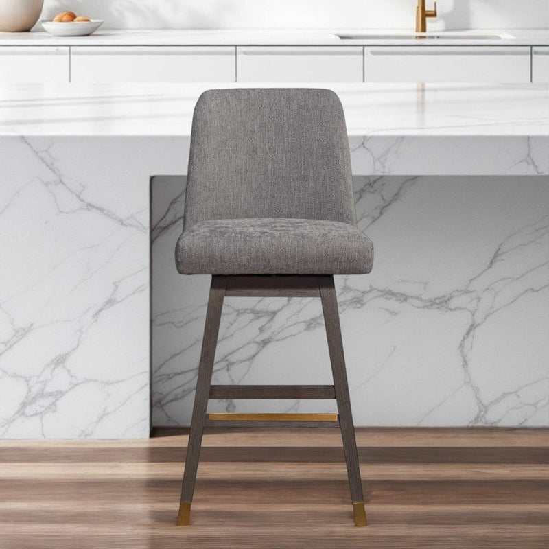 30" Gray and Brown Fabric and Solid Wood Swivel Bar Chair
