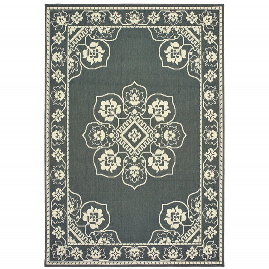 2' X 4' Gray and Ivory Oriental Stain Resistant Indoor Outdoor Area Rug