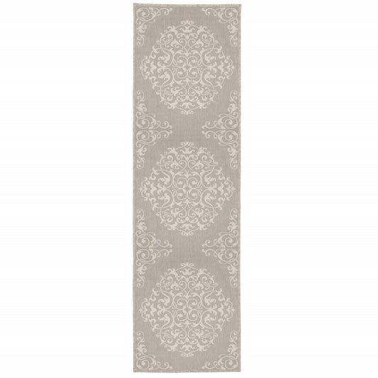 3' X 5' Gray and Ivory Oriental Stain Resistant Indoor Outdoor Area Rug