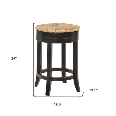 24" Natural and Espresso Rush and Solid Wood Backless Counter Height Swivel Bar Chair