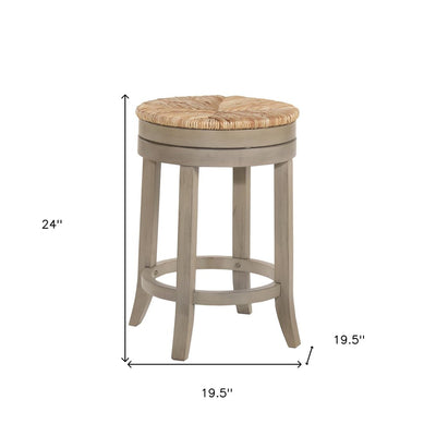24" Natural and Gray Rush and Solid Wood Backless Counter Height Swivel Bar Chair