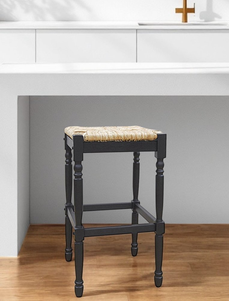 29" Natural And Black Solid Wood Backless Bar Height Bar Chair