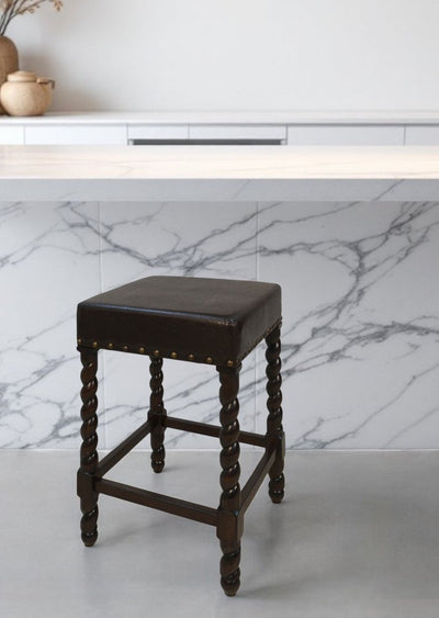 24" Black And Espresso Faux Leather And Solid Wood Backless Counter Height Bar Chair