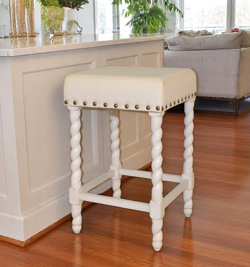 24" Cream And White Solid Wood Backless Counter Height Bar Chair