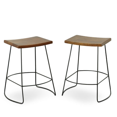 Set of Two 25" Chestnut and Black Solid Wood and Steel Backless Counter Height Bar Chairs