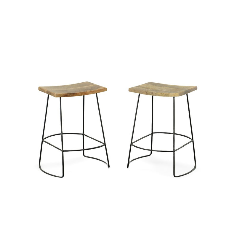 Set of Two 25" Natural and Black Solid Wood and Steel Backless Counter Height Bar Chairs