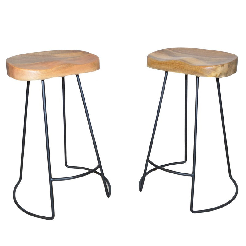 Set of Two 25" Natural and Black Solid Wood and Steel Backless Counter Height Bar Chairs