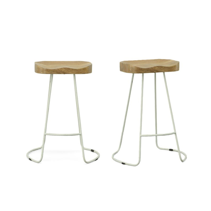 Set of Two 25" Natural and White Solid Wood and Steel Backless Counter Height Bar Chairs