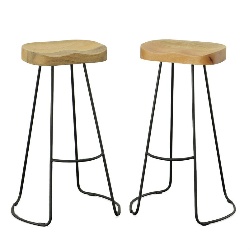 Set of Two 31" Natural and Black Solid Wood and Steel Backless Bar Height Bar Chairs