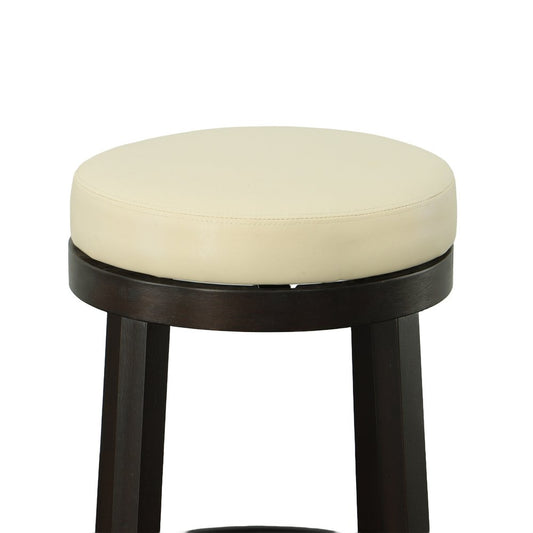 Set of Two 24" Cream and Espresso Faux Leather and Solid Wood Backless Counter Height Swivel Bar Chairs