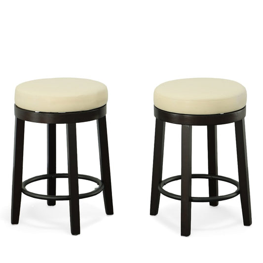 Set of Two 24" Cream and Espresso Faux Leather and Solid Wood Backless Counter Height Swivel Bar Chairs
