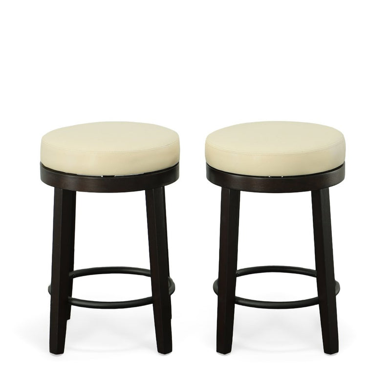 Set of Two 24" Cream and Espresso Faux Leather and Solid Wood Backless Counter Height Swivel Bar Chairs