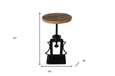 Natural and Black Solid Wood and Iron Backless Adjustable Height Bar Chair