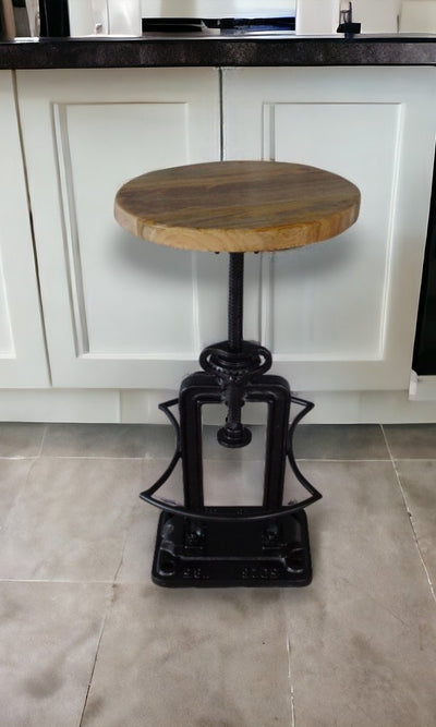Natural and Black Solid Wood and Iron Backless Adjustable Height Bar Chair