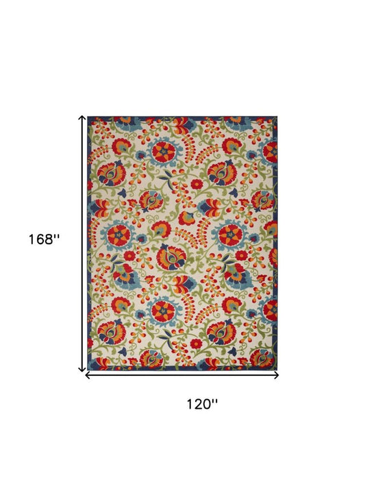 10' X 14' Ivory Blue And Orange Indoor Outdoor Area Rug