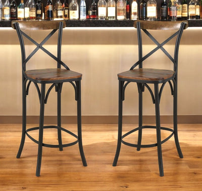 30" Brown and Black Solid Wood and Metal Counter Height Bar Chair