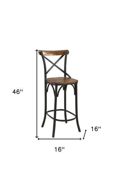 30" Brown and Black Solid Wood and Metal Counter Height Bar Chair