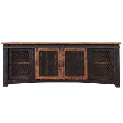 79" Black Solid Wood Cabinet Enclosed Storage Distressed TV Stand