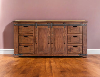 60" Brown Solid Wood Enclosed Storage Distressed TV Stand