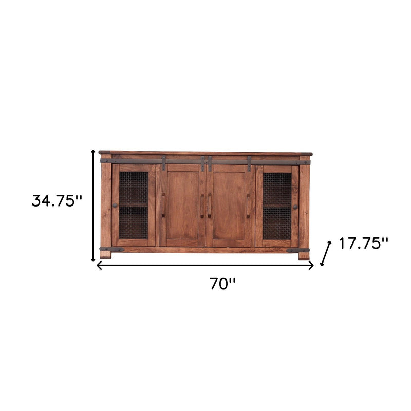 70" Brown Solid Wood Cabinet Enclosed Storage Distressed TV Stand