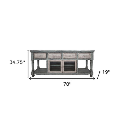 70" Blue and White Solid Wood Open shelving Distressed TV Stand