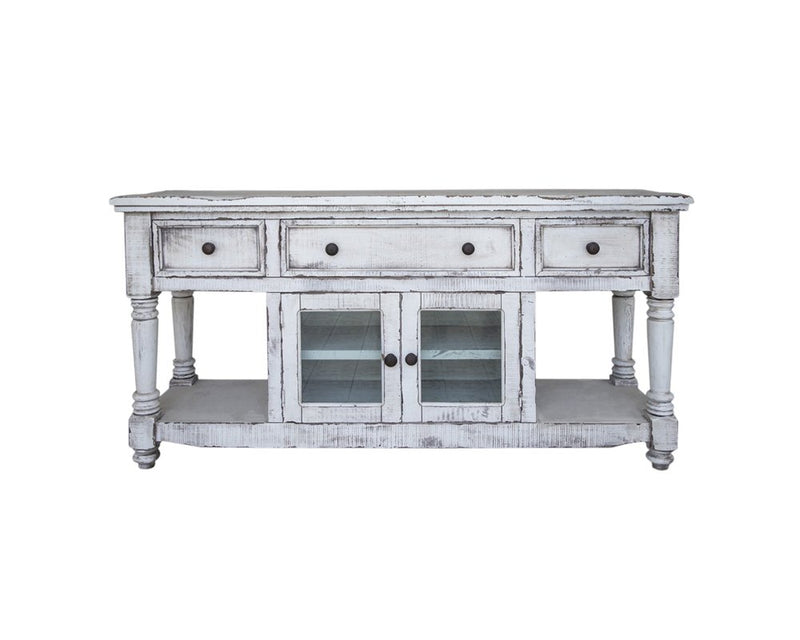 70" White Solid Wood Open shelving Distressed TV Stand