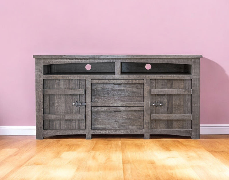 70" Gray Solid Wood Cabinet Enclosed Storage Distressed TV Stand