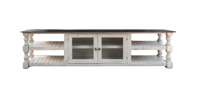 93" Gray and Ivory Solid Wood Cabinet Enclosed Storage Distressed TV Stand