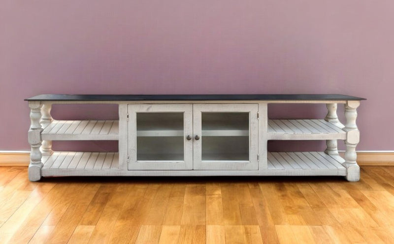93" Gray and Ivory Solid Wood Cabinet Enclosed Storage Distressed TV Stand
