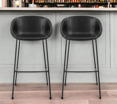 Set of Two 30" Black Faux Leather and Steel Low Back Bar Height Bar Chairs
