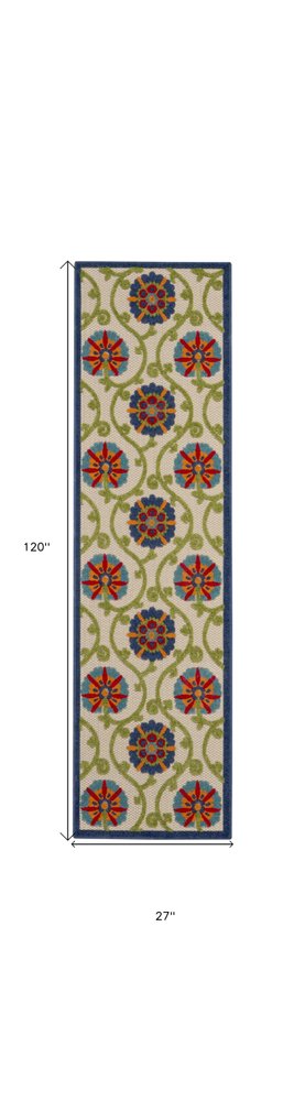 10' Navy Blue Beige Green Blue And Red Floral Indoor Outdoor Runner Rug