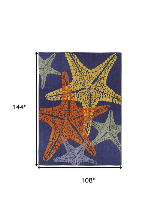 9' X 12' Blue Yellow And Orange Starfish Indoor Outdoor Area Rug