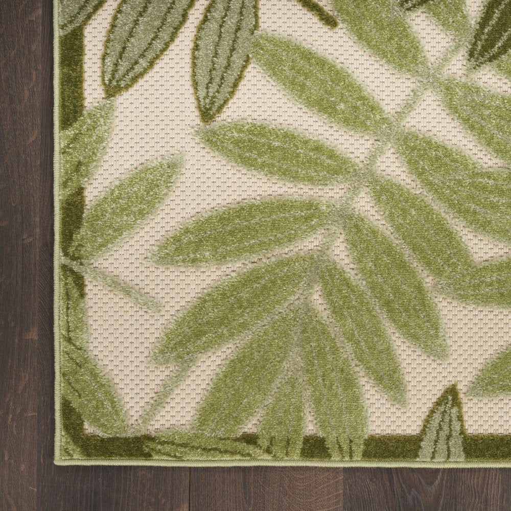 8' Ivory And Green Palm Leaf Indoor Outdoor Runner Rug