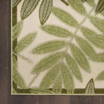 8' Ivory And Green Palm Leaf Indoor Outdoor Runner Rug