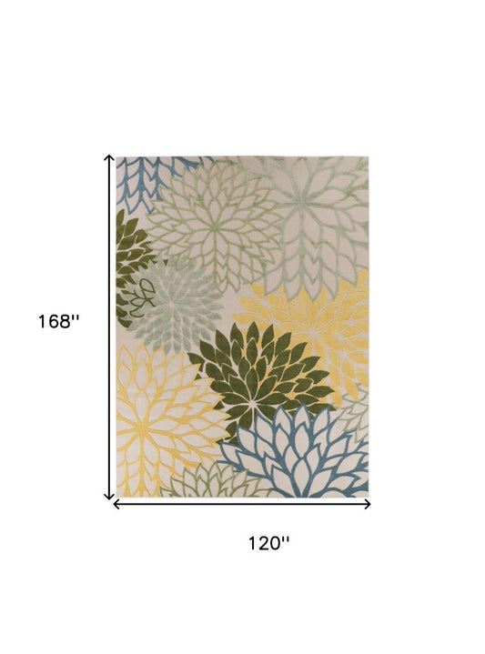 10' X 14' Ivory Green Yellow Blue And Dark Green Floral Indoor Outdoor Area Rug