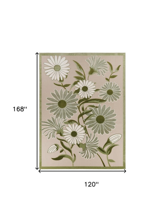 10' X 14' Ivory And Green Floral Indoor Outdoor Area Rug