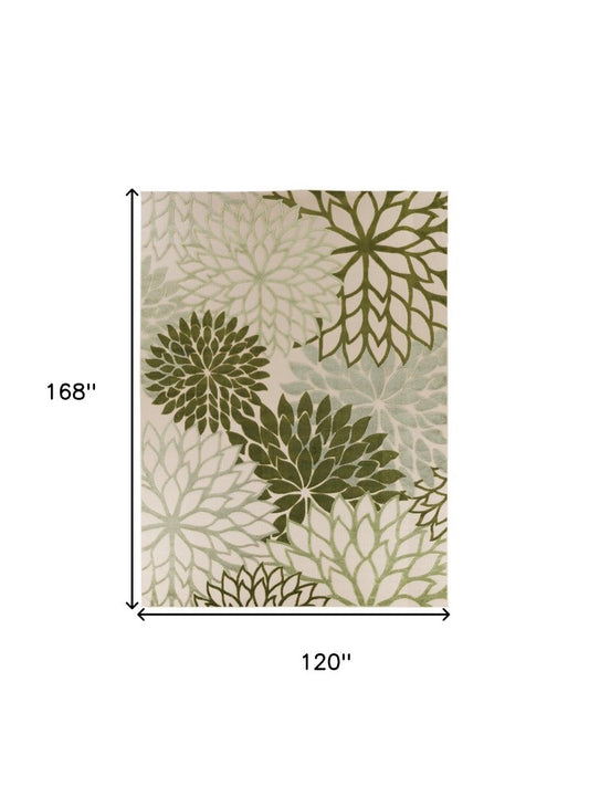 10' X 14' Ivory And Green Floral Indoor Outdoor Area Rug