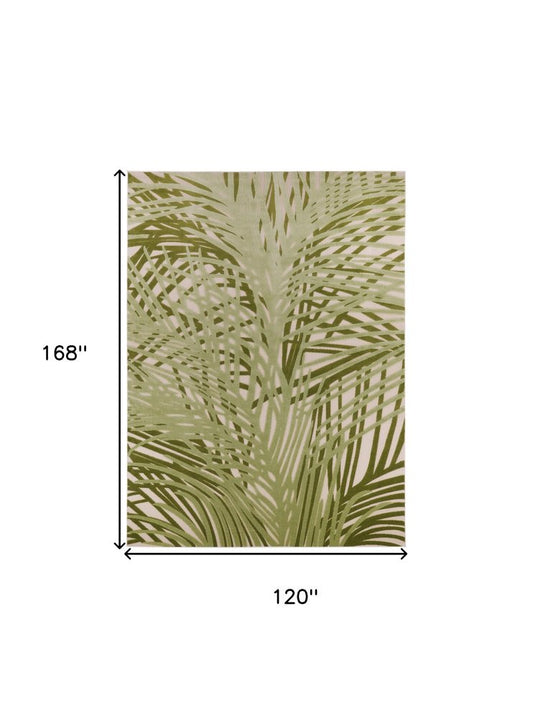 10' X 14' Ivory And Green Palm Leaf Indoor Outdoor Area Rug